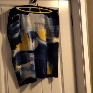 Blue and yellow abstract print pencil skirt